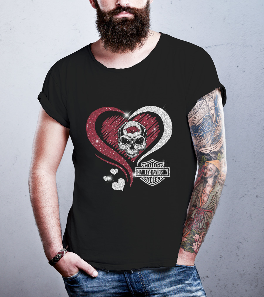 Ncaa Arkansas Razorbacks Harley Davidson Skull Heart T-Shirt