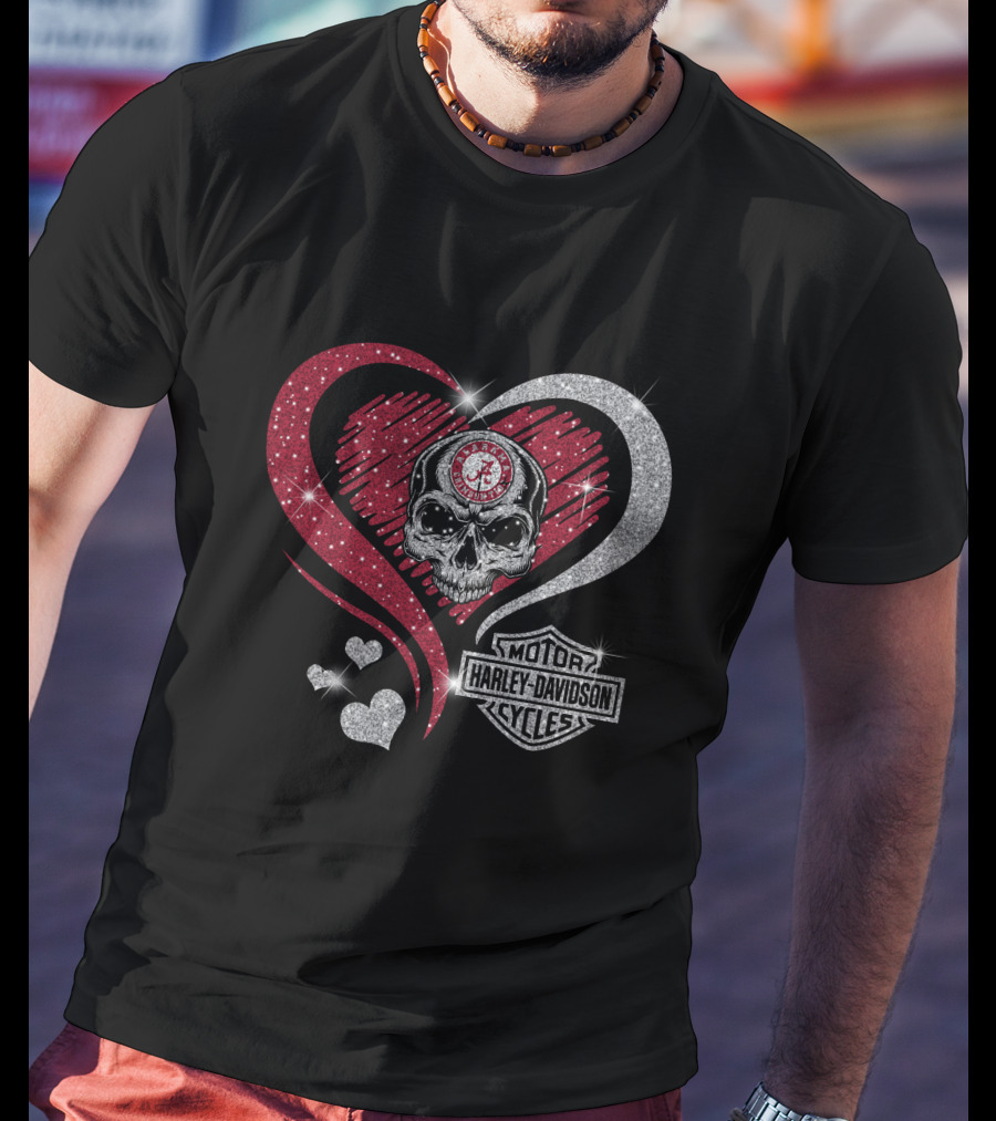 Alabama Crimson Tide Skull Heart Harley Davidson Motor Cycles T-Shirt