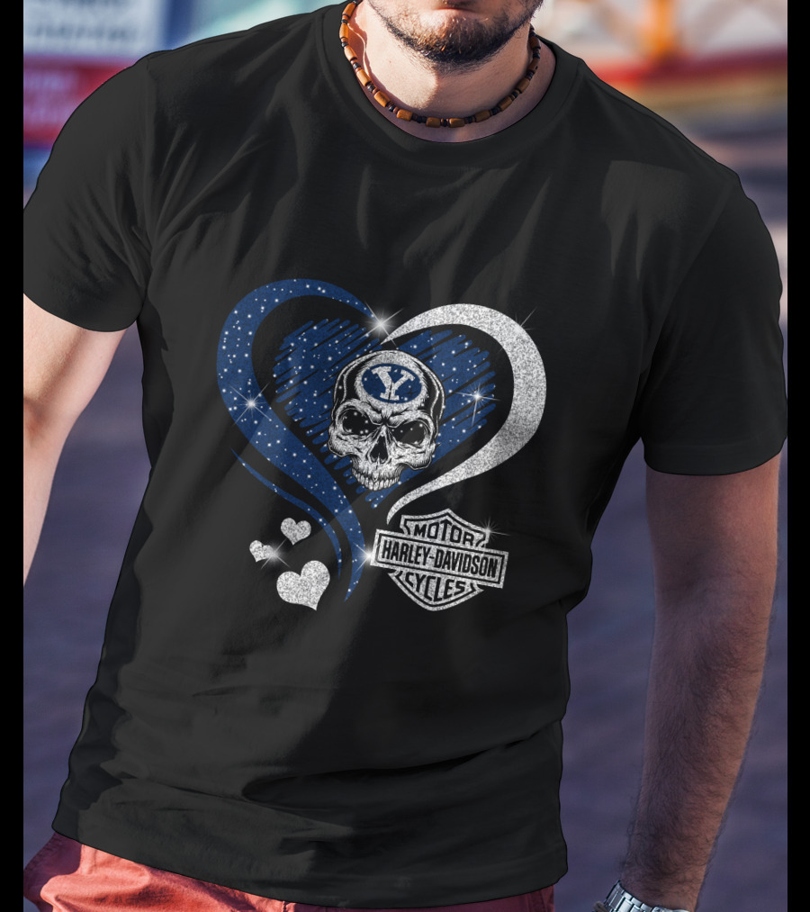 Ncaa Byu Cougars Skull Heart Harley Davidson Motor Cycles T-Shirt