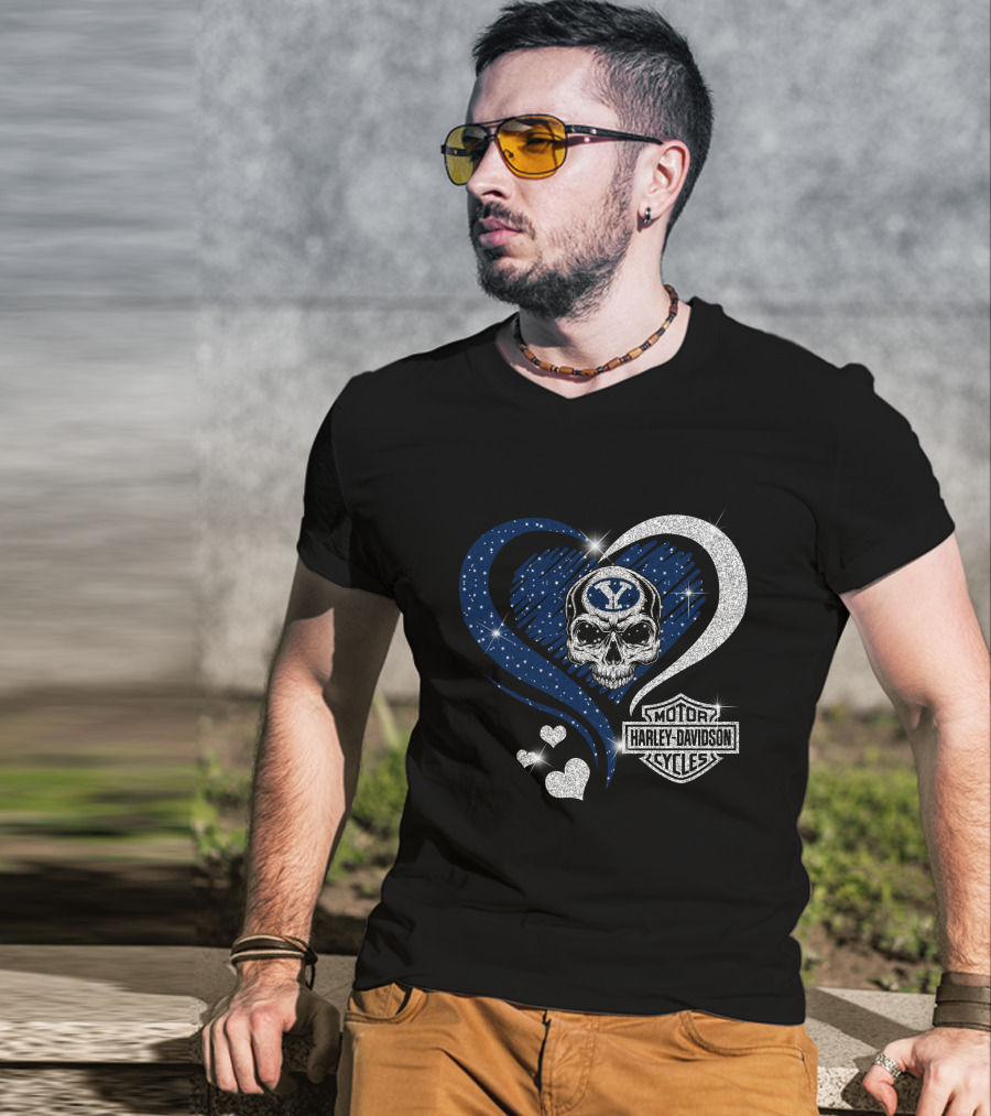 Ncaa Byu Cougars Skull Heart Harley Davidson Motor Cycles T-Shirt