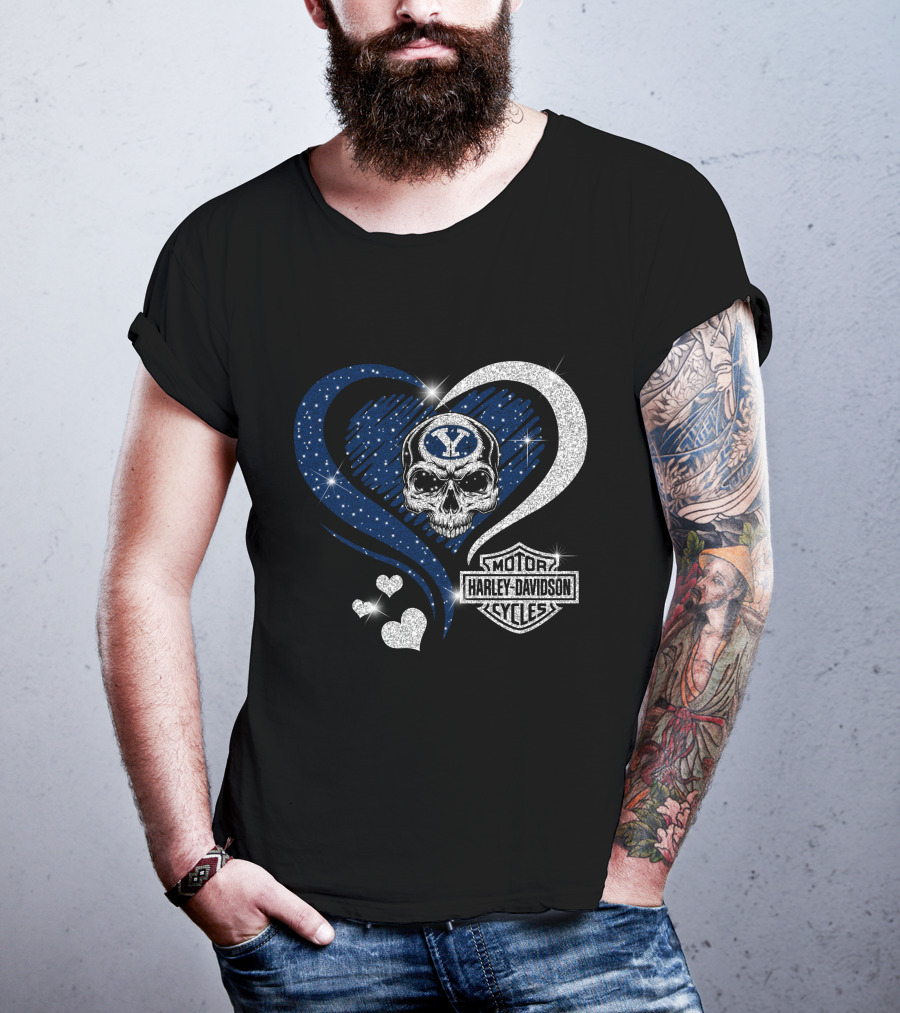 Ncaa Byu Cougars Skull Heart Harley Davidson Motor Cycles T-Shirt