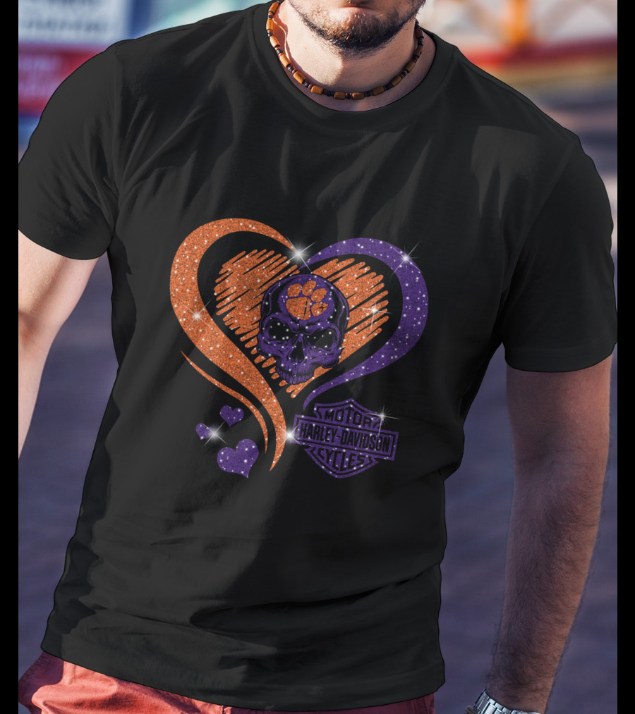 Clemson Tigers Harley Davidson Skull Heart T-Shirt