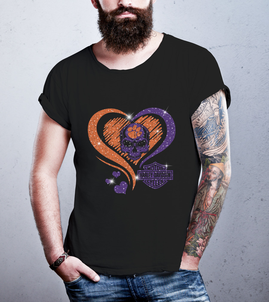 Clemson Tigers Harley Davidson Skull Heart T-Shirt