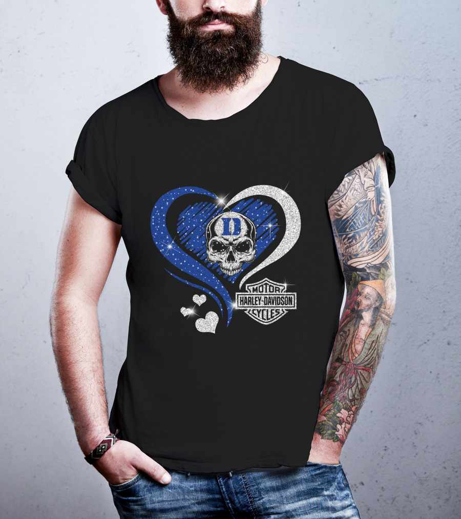 Duke Blue Devils Skull Heart Harley Davidson Motor Cycles Sparkle T-Shirt