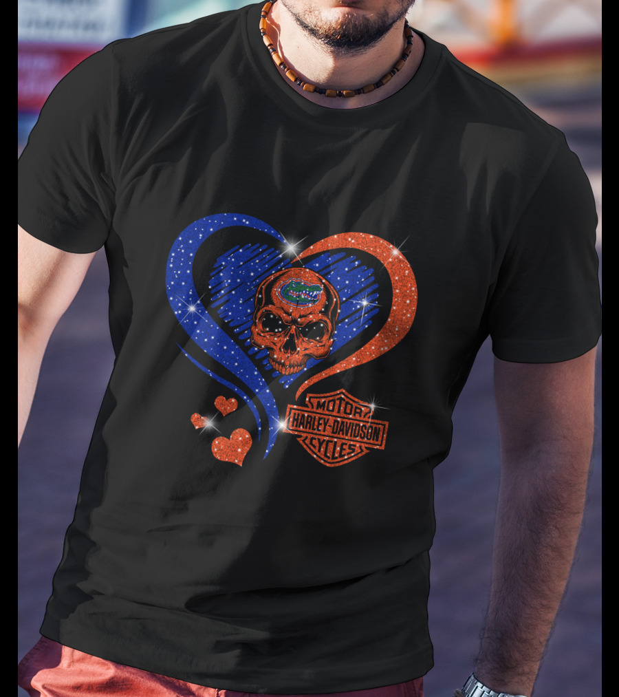 Ncaa Florida Gators Skull Heart Harley Davidson Motor Cycles T-Shirt