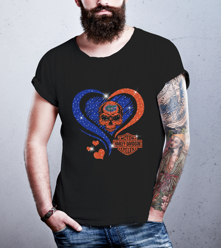 Ncaa Florida Gators Skull Heart Harley Davidson Motor Cycles T-Shirt