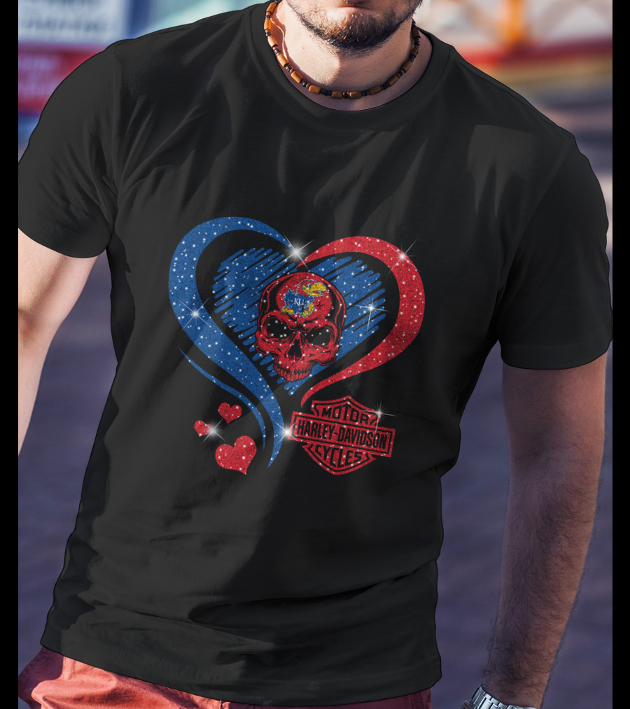 Kansas Jayhawks Harley Davidson Heart Skull T-Shirt