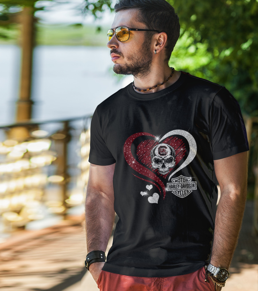Ncaa South Carolina Gamecocks Skull Heart Harley Davidson Cycles T-Shirt