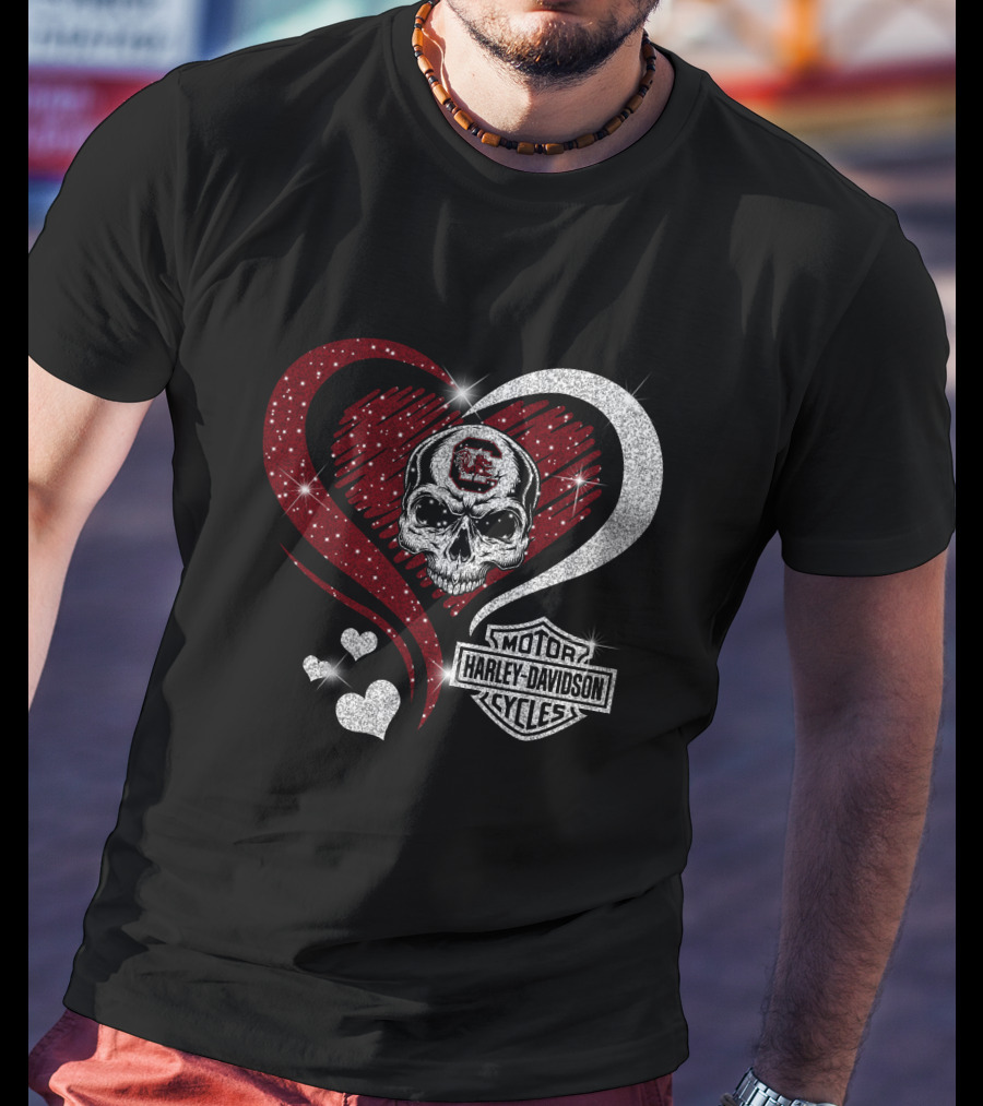 Ncaa South Carolina Gamecocks Skull Heart Harley Davidson Cycles T-Shirt