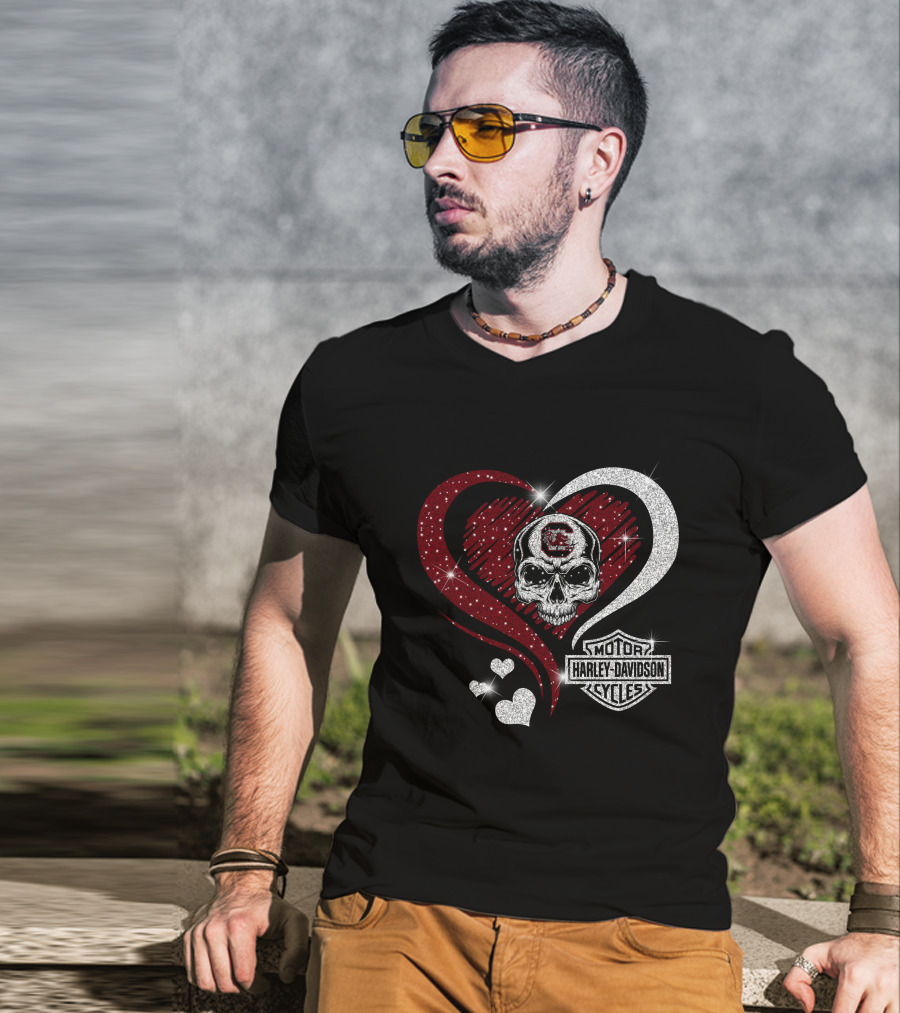 Ncaa South Carolina Gamecocks Skull Heart Harley Davidson Cycles T-Shirt
