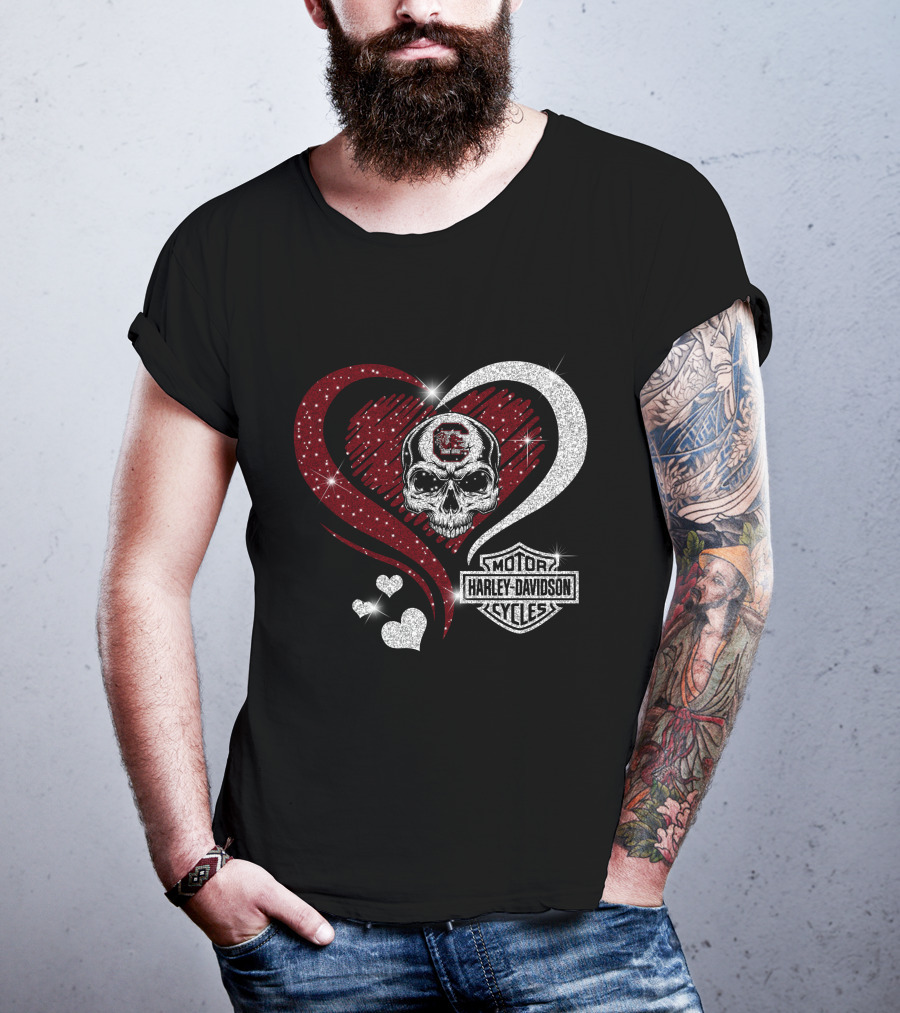 Ncaa South Carolina Gamecocks Skull Heart Harley Davidson Cycles T-Shirt