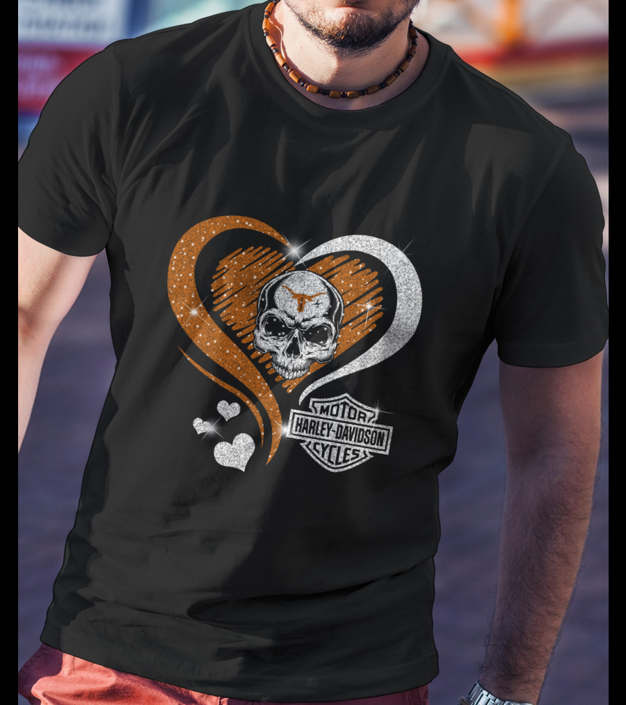 Ncaa Texas Longhorns Harley Davidson Skull Heart T-Shirt