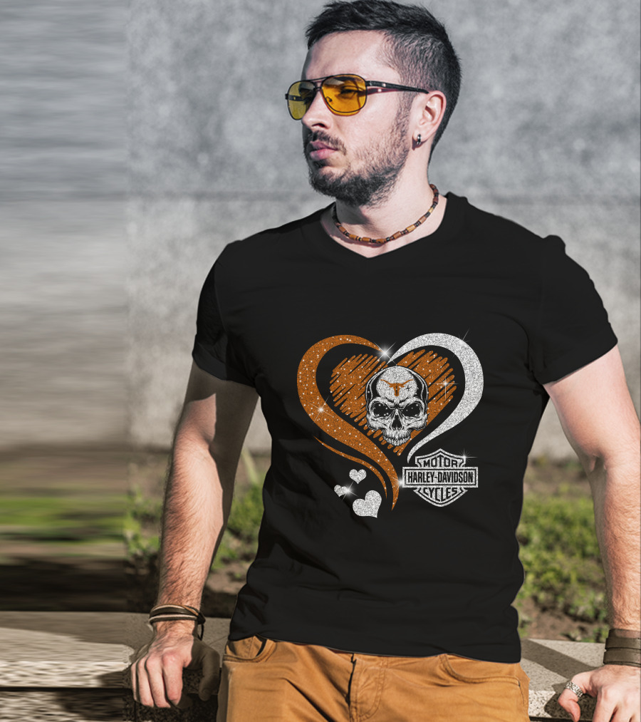 Ncaa Texas Longhorns Harley Davidson Skull Heart T-Shirt