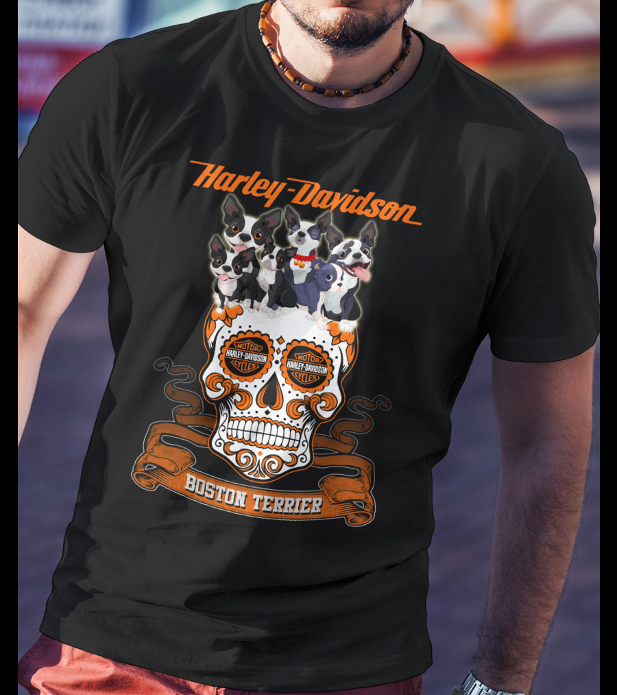 Harley Davidson Boston Terrier Skull Motif T-Shirt