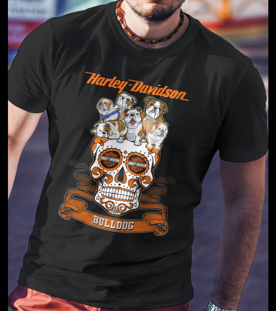 Harley Davidson Bulldog Skull Motif With Bulldogs T-Shirt