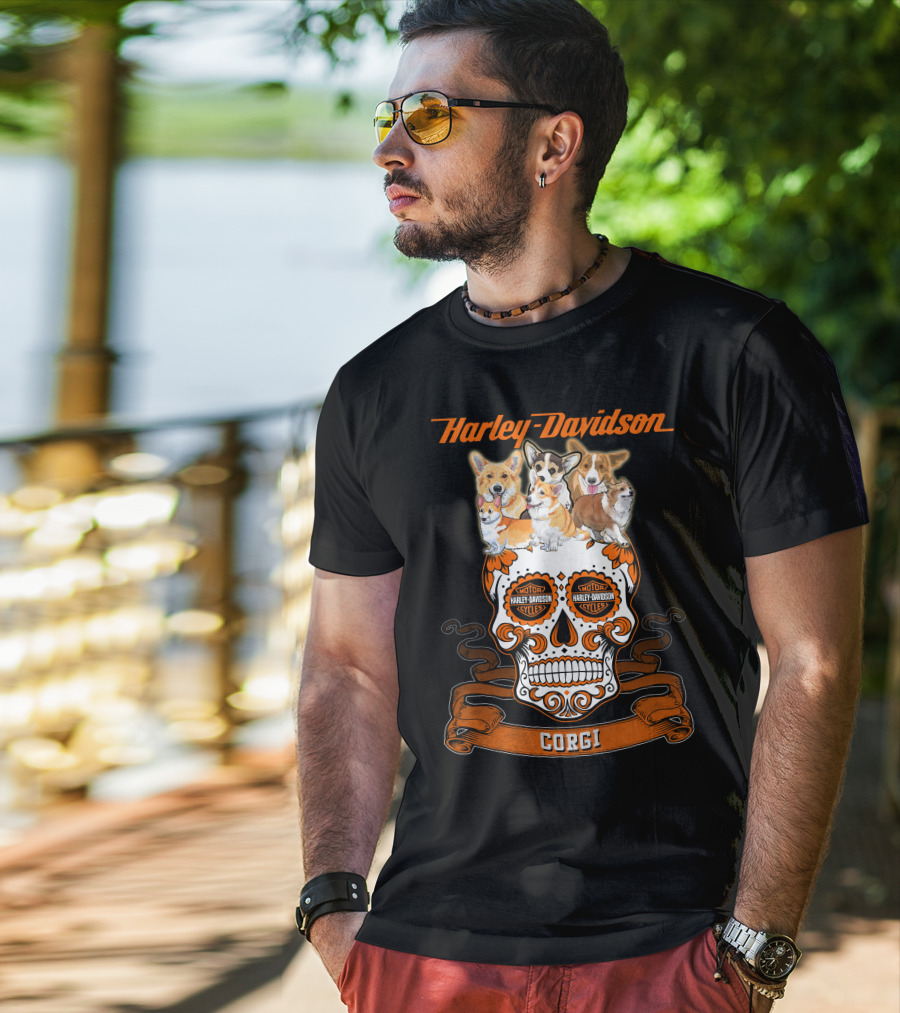 Harley Davidson Corgi Skull Motorcycles T-Shirt