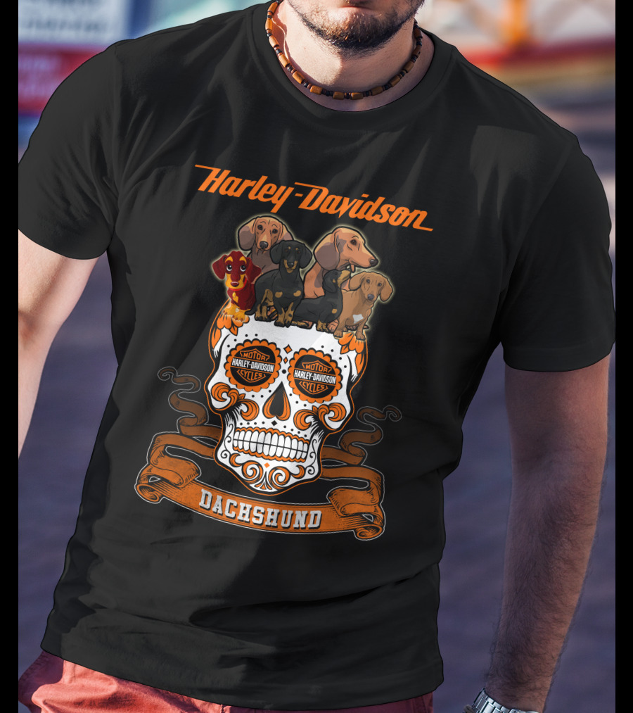 Harley Davidson Dachshund Skull With Motorcycles And Dachshunds T-Shirt