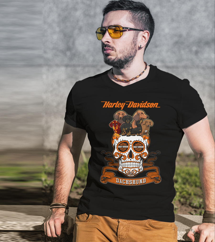 Harley Davidson Dachshund Skull With Motorcycles And Dachshunds T-Shirt