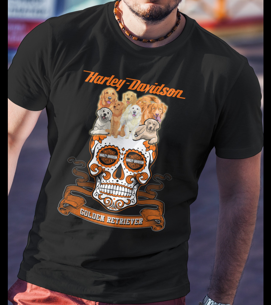 Harley Davidson Golden Retriever Skull Motif T-Shirt