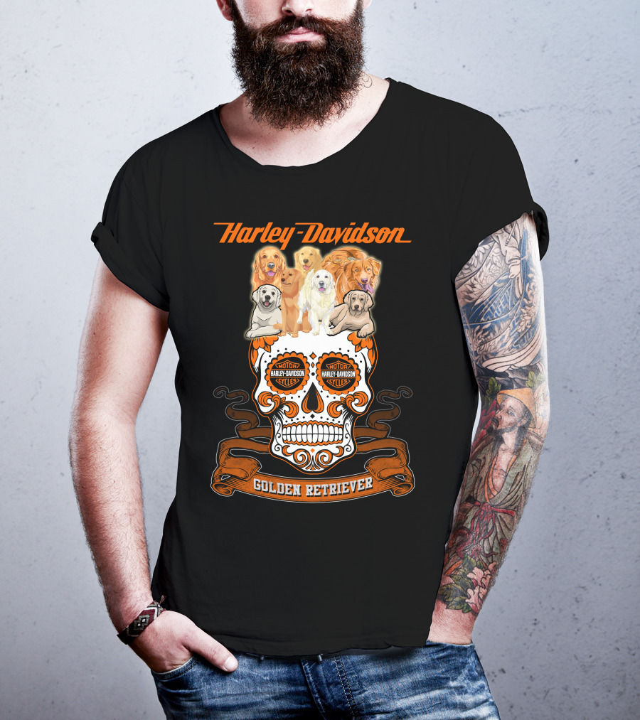 Harley Davidson Golden Retriever Skull Motif T-Shirt