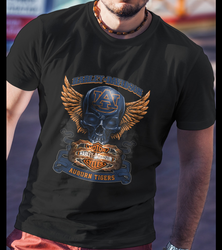 Harley Davidson Auburn Tigers Au Skull Wings Motor Cycles T-Shirt