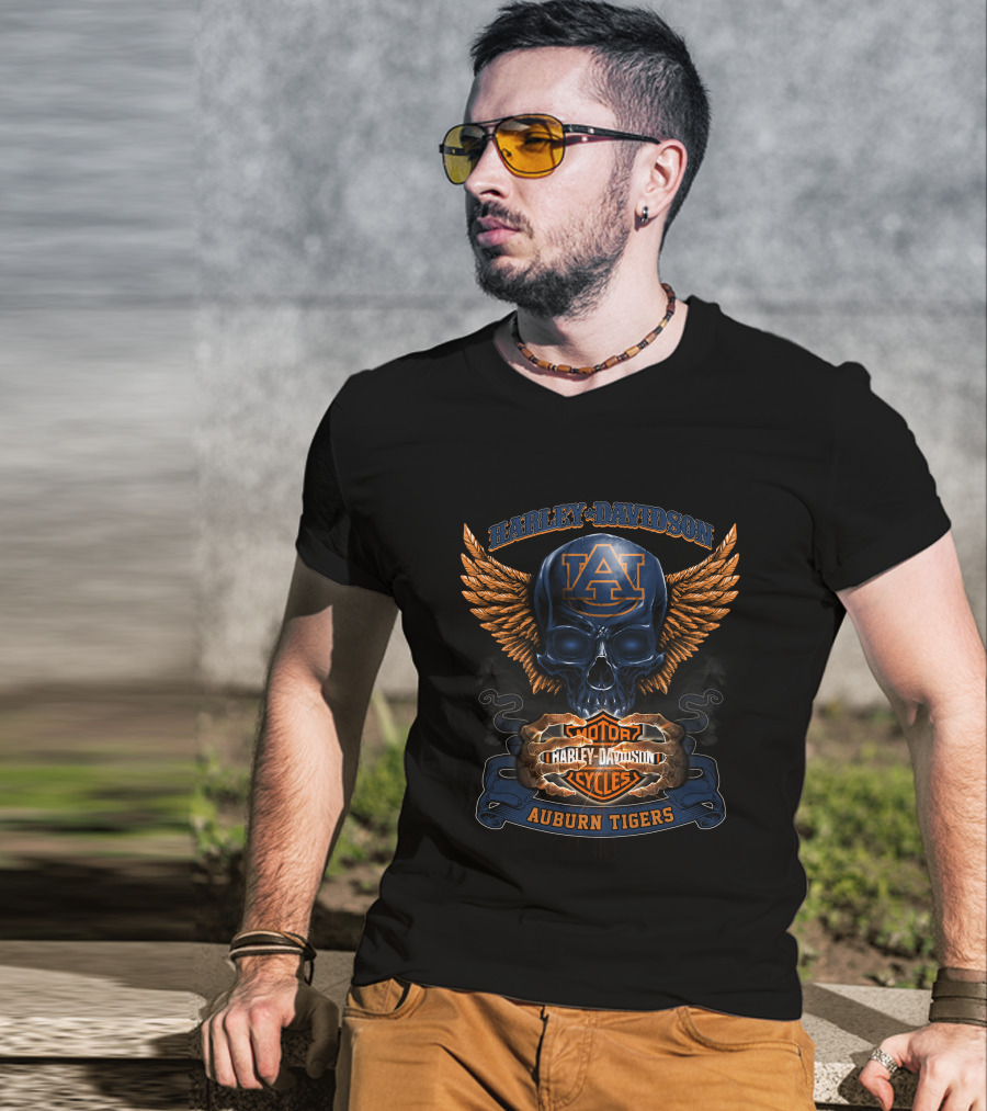 Harley Davidson Auburn Tigers Au Skull Wings Motor Cycles T-Shirt