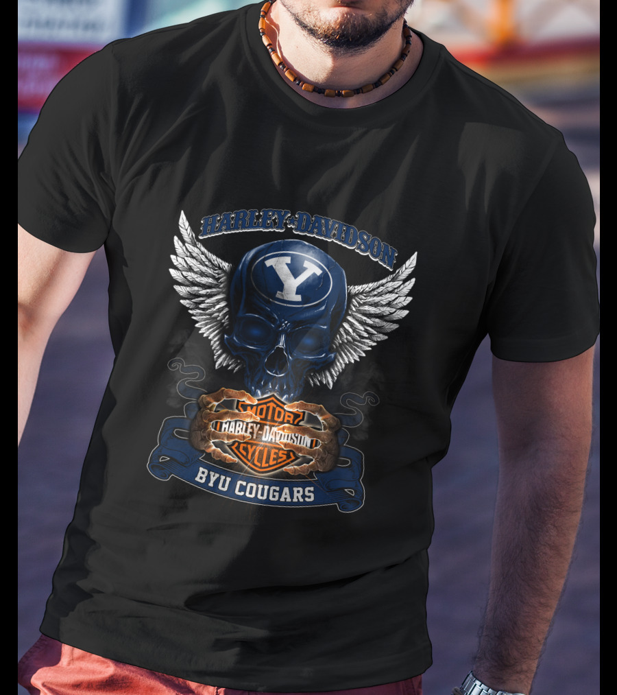 Harley Davidson Byu Cougars Y Skull Wings Motor Cycles T-Shirt