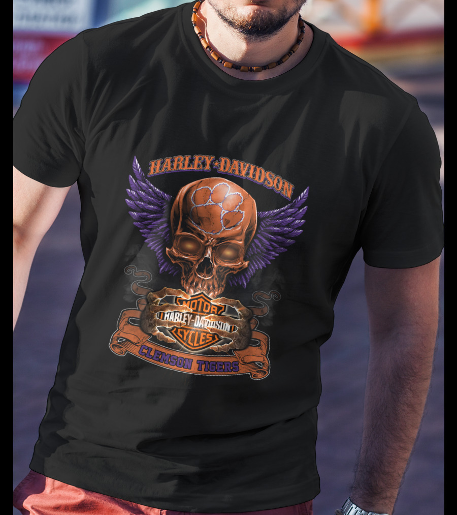 Harley Davidson Clemson Tigers Motorcycles Skull Wings T-Shirt