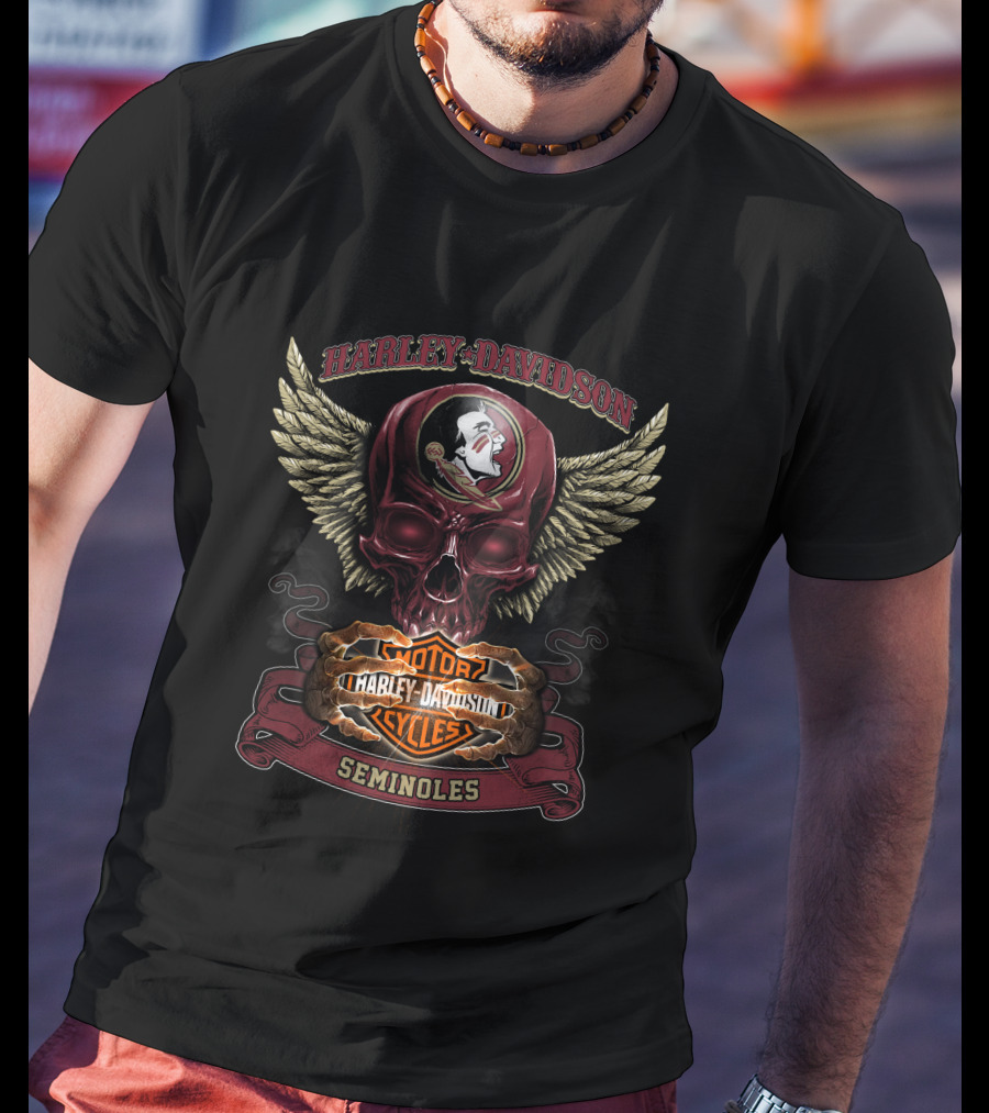 Harley Davidson Seminoles Skull With Florida State Motor Cycles Wings T-Shirt