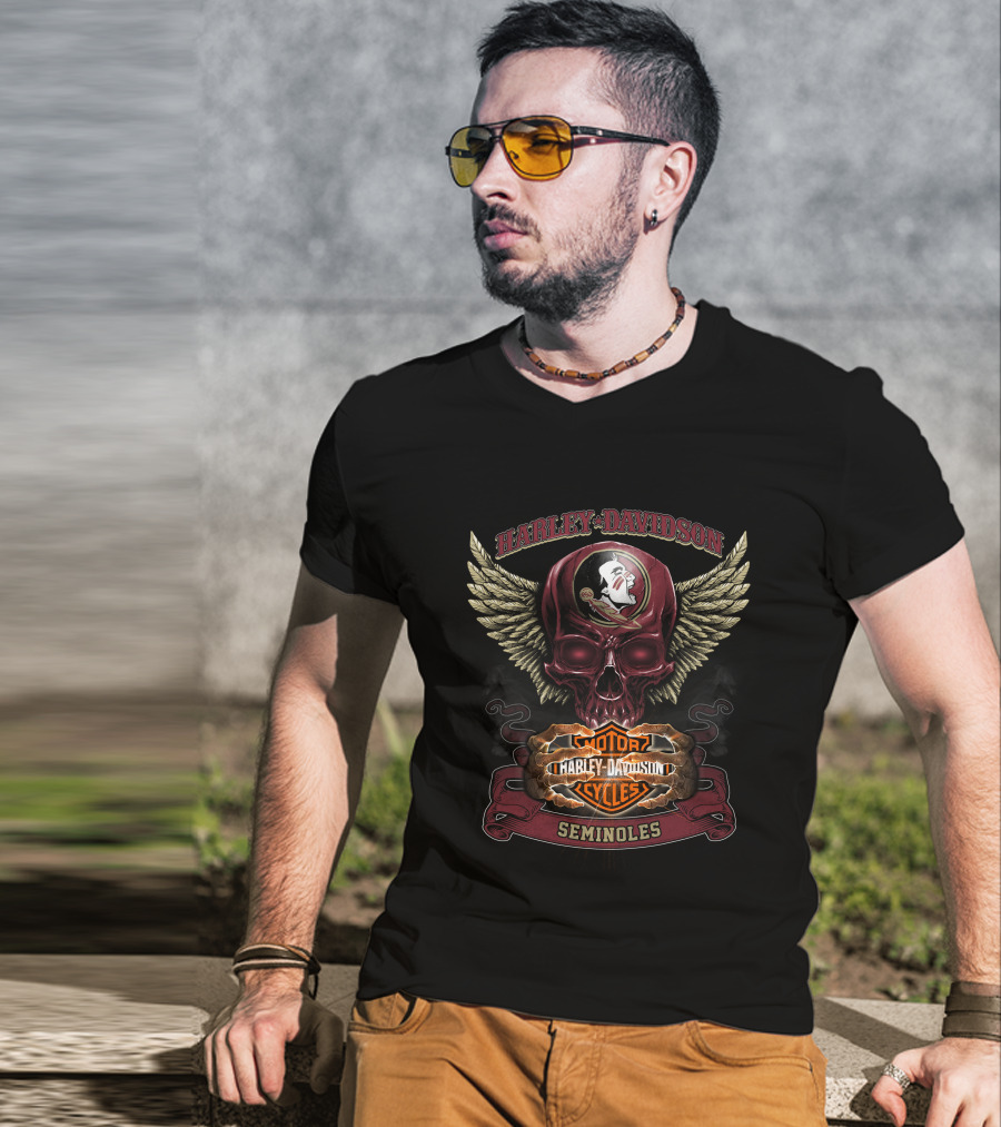 Harley Davidson Seminoles Skull With Florida State Motor Cycles Wings T-Shirt