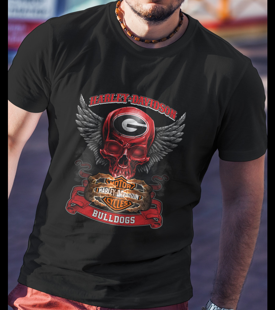 Harley Davidson Georgia Bulldogs Motorcycles Skull Wings T-Shirt