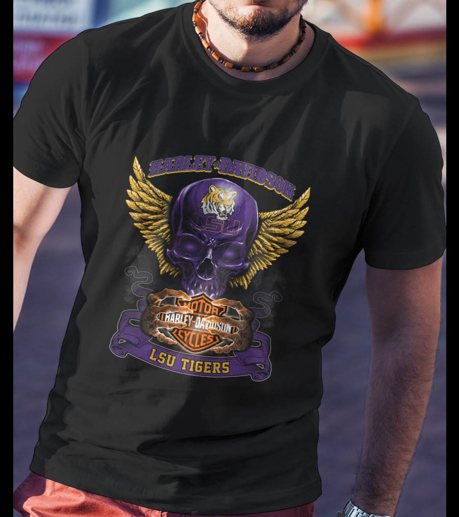 Harley Davidson Lsu Tigers Motorcycles Skull Wings T-Shirt