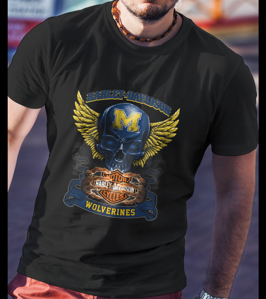Harley Davidson Motorcycles Wolverines Michigan M Skull Wings T-Shirt