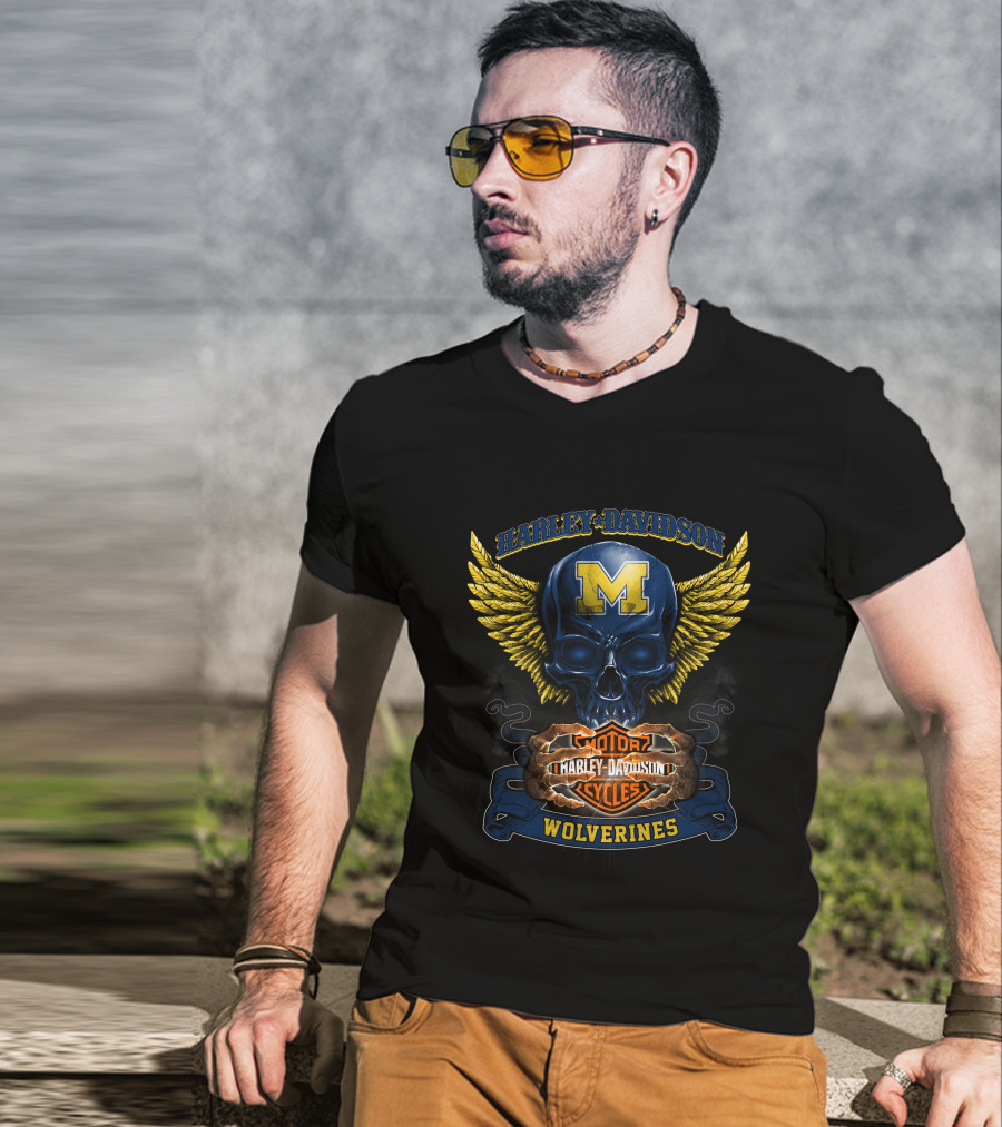Harley Davidson Motorcycles Wolverines Michigan M Skull Wings T-Shirt