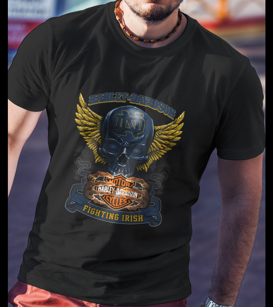 Harley Davidson Notre Dame Nd Motor Cycles Fighting Irish Skull Wings T-Shirt