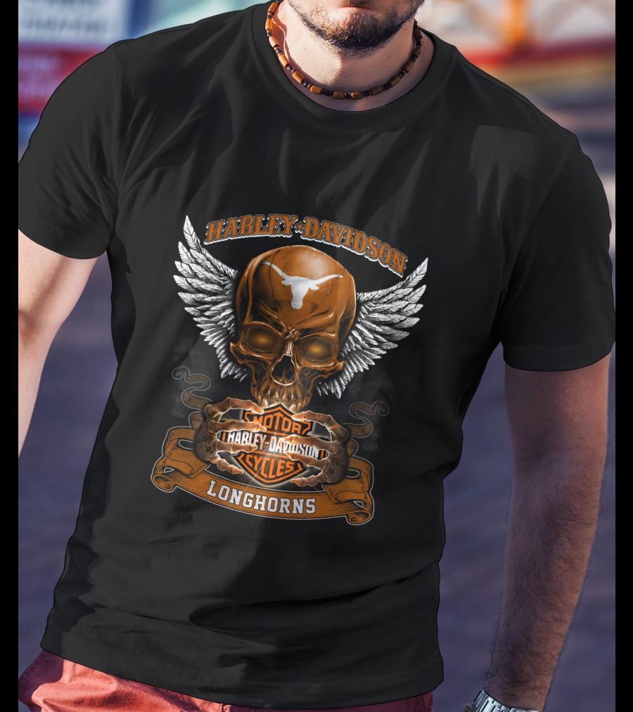 Harley Davidson Longhorns Texas Skull Wings Motorcycles T-Shirt