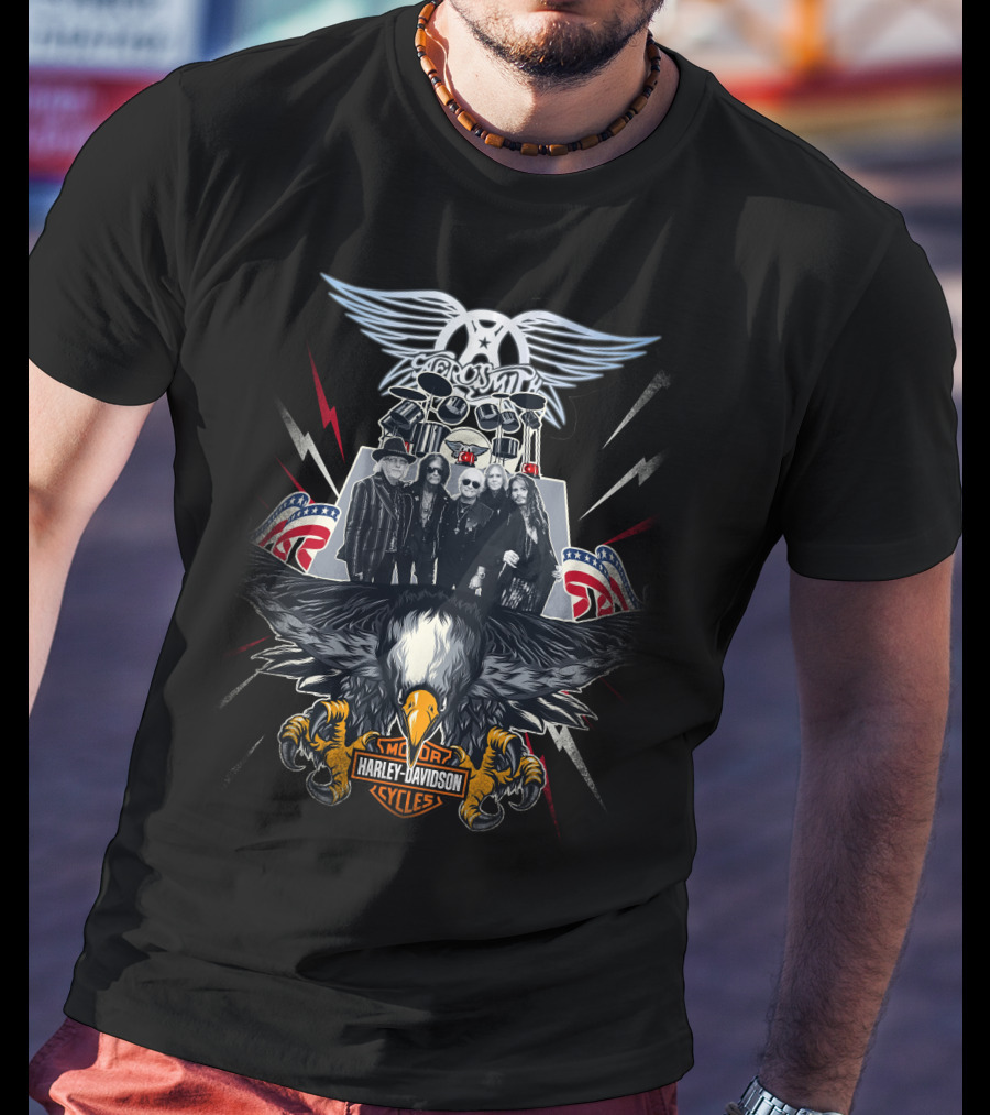 Aerosmith Harley Davidson Motor Cycles Eagle Lightning Band T-Shirt