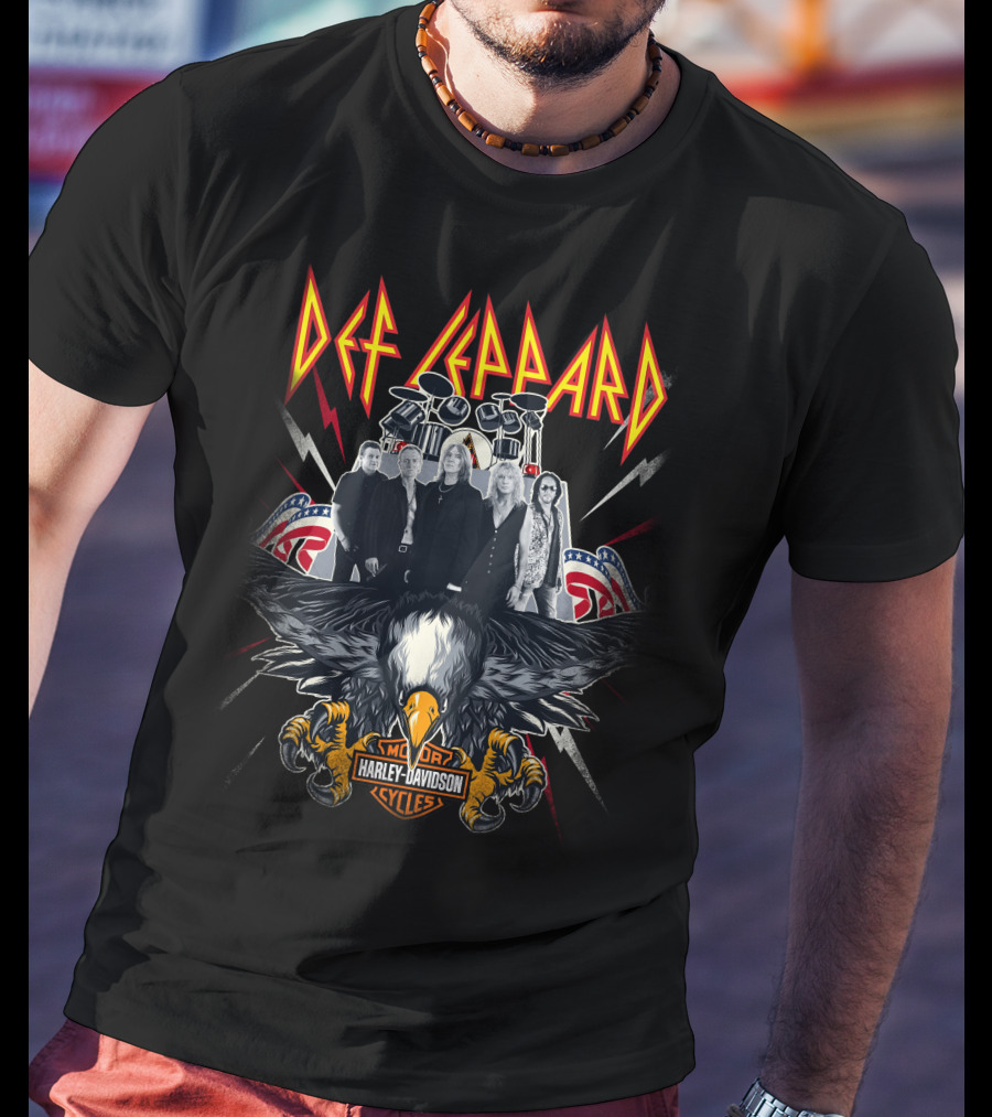 Def Leppard Harley Davidson Motor Cycles Eagle And Band T-Shirt