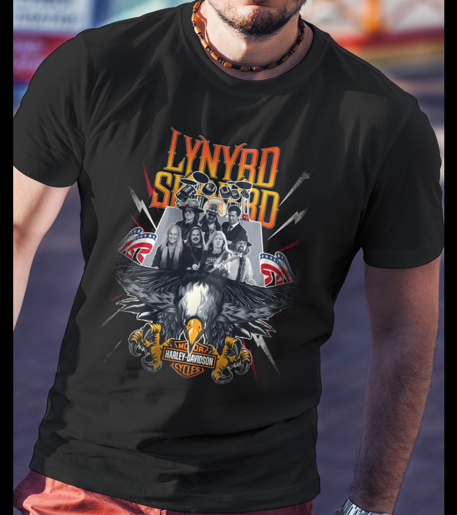 Lynyrd Skynyrd Harley Davidson Motor Cycles Eagle And Band Members With American Flags T-Shirt