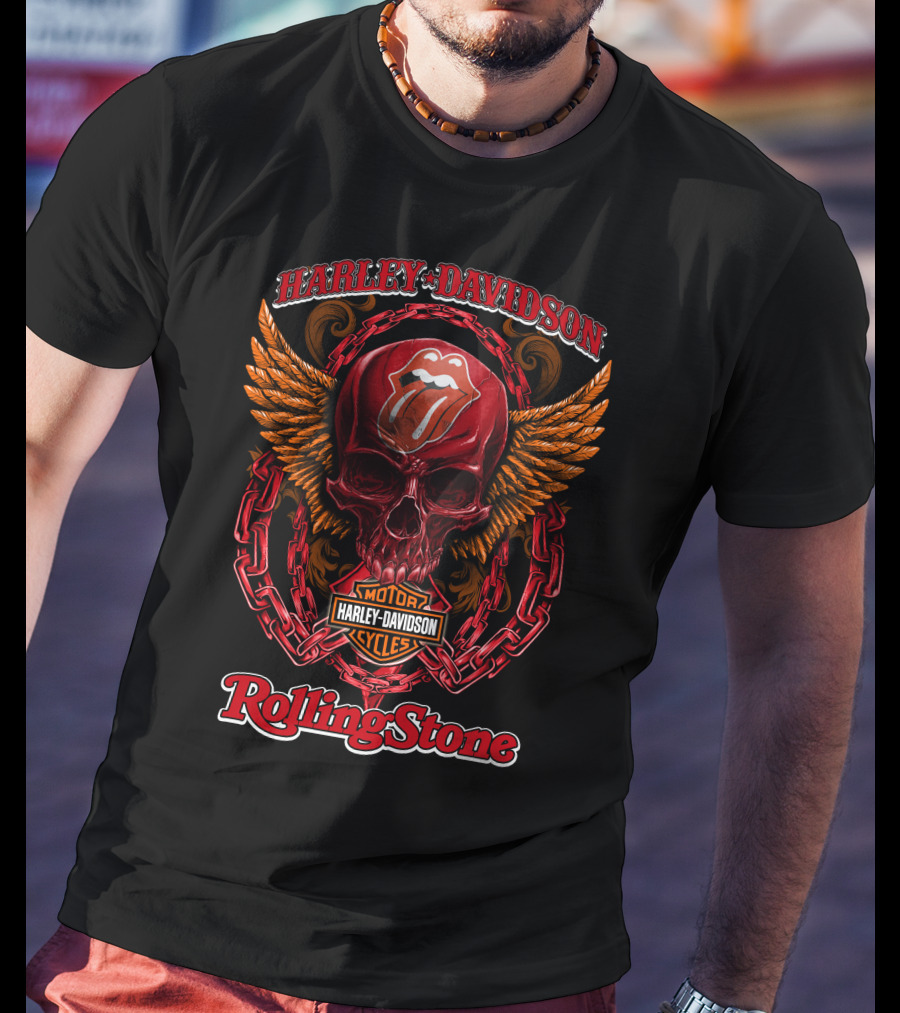Harley Davidson Motor Cycles Rolling Stone Skull Logo Chains And Flames T-Shirt
