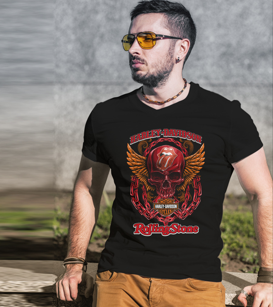 Harley Davidson Motor Cycles Rolling Stone Skull Logo Chains And Flames T-Shirt