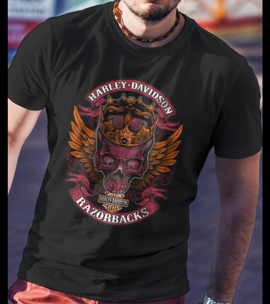 Harley Davidson Razorbacks Skull With Crown And Wings T-Shirt