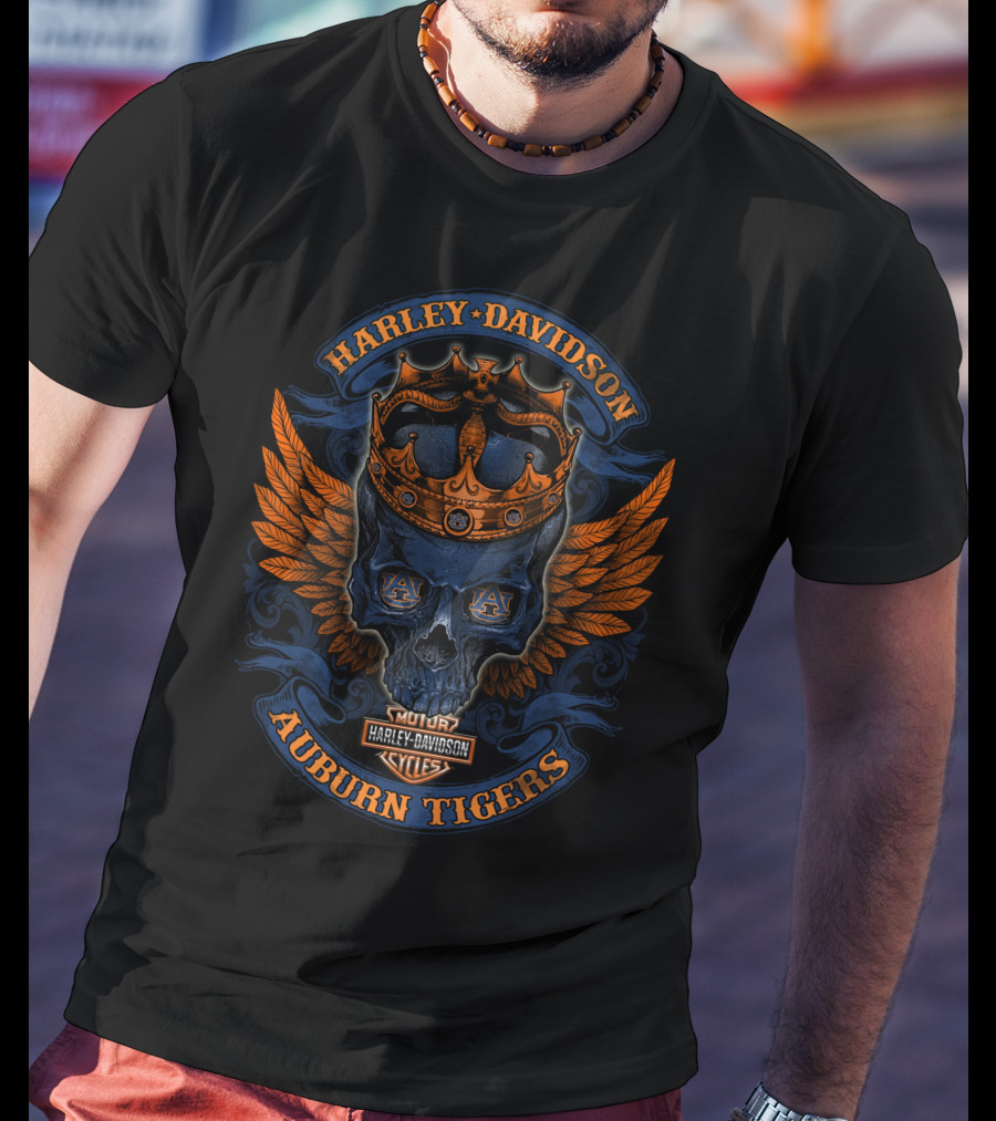 Harley Davidson Auburn Tigers Crowned Skull With Wings T-Shirt