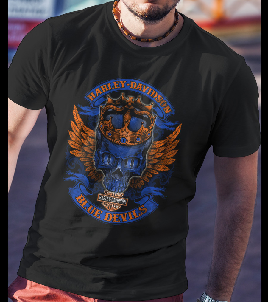 Harley Davidson Blue Devils Skull Crown Wings Motor Cycles T-Shirt