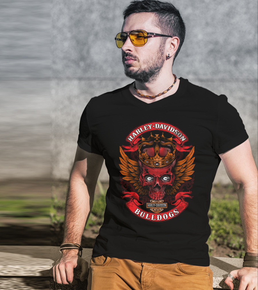 Harley Davidson Bulldogs Skull With Crown And Wings T-Shirt