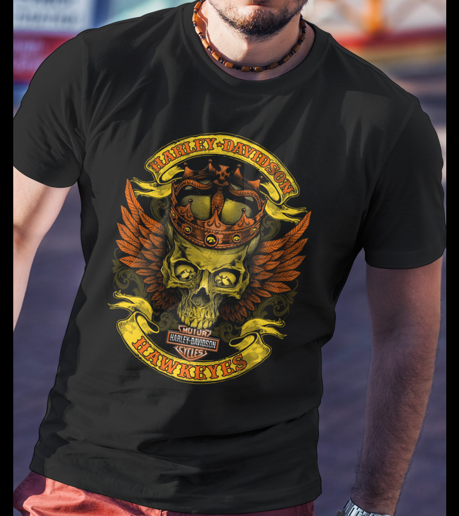Harley Davidson Hawkeyes Skull Crown Wings T-Shirt
