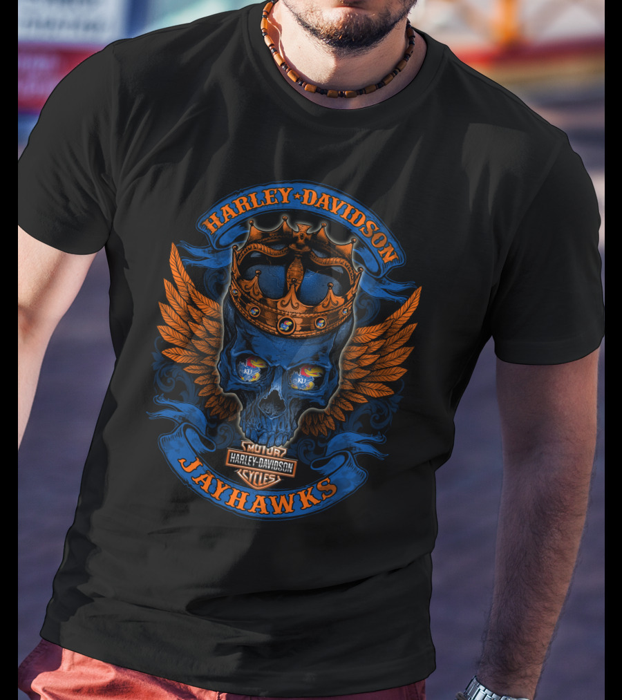 Harley Davidson Jayhawks Skull With Crown And Wings T-Shirt