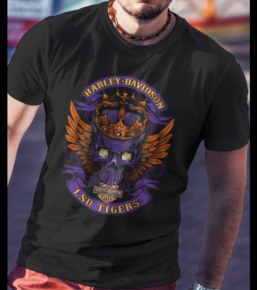 Harley Davidson Lsu Tigers Skull Crown Wings T-Shirt