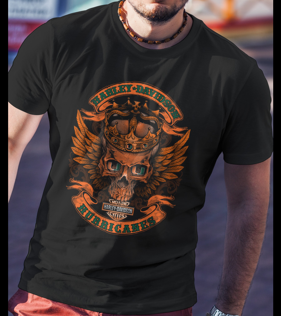 Harley Davidson Hurricanes King Skull Orange Wings Crown Motor Cycles T-Shirt