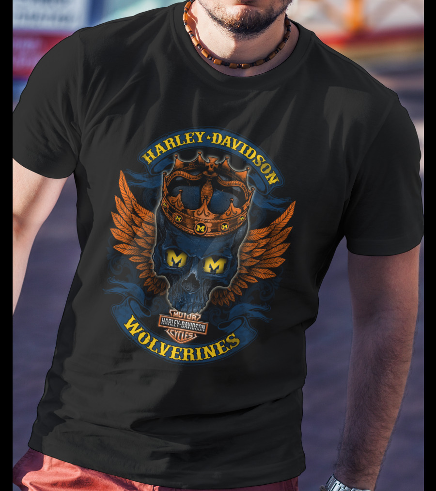 Harley Davidson Wolverines Motor Cycles Skull Crown Wings T-Shirt